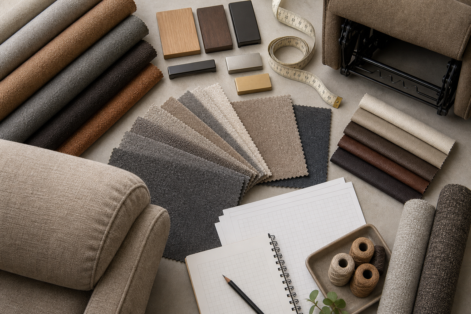 recliner upholstery fabric designer planning flat lay with swatches, finishes, measuring, and yardage cues