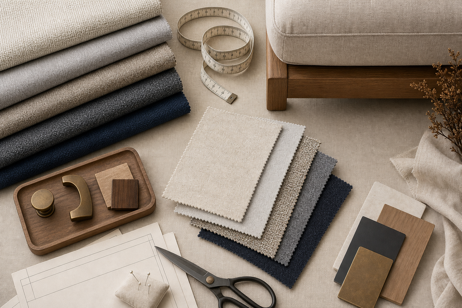 sectional sofa fabric designer planning flat lay with swatches, finishes, measuring, and yardage cues