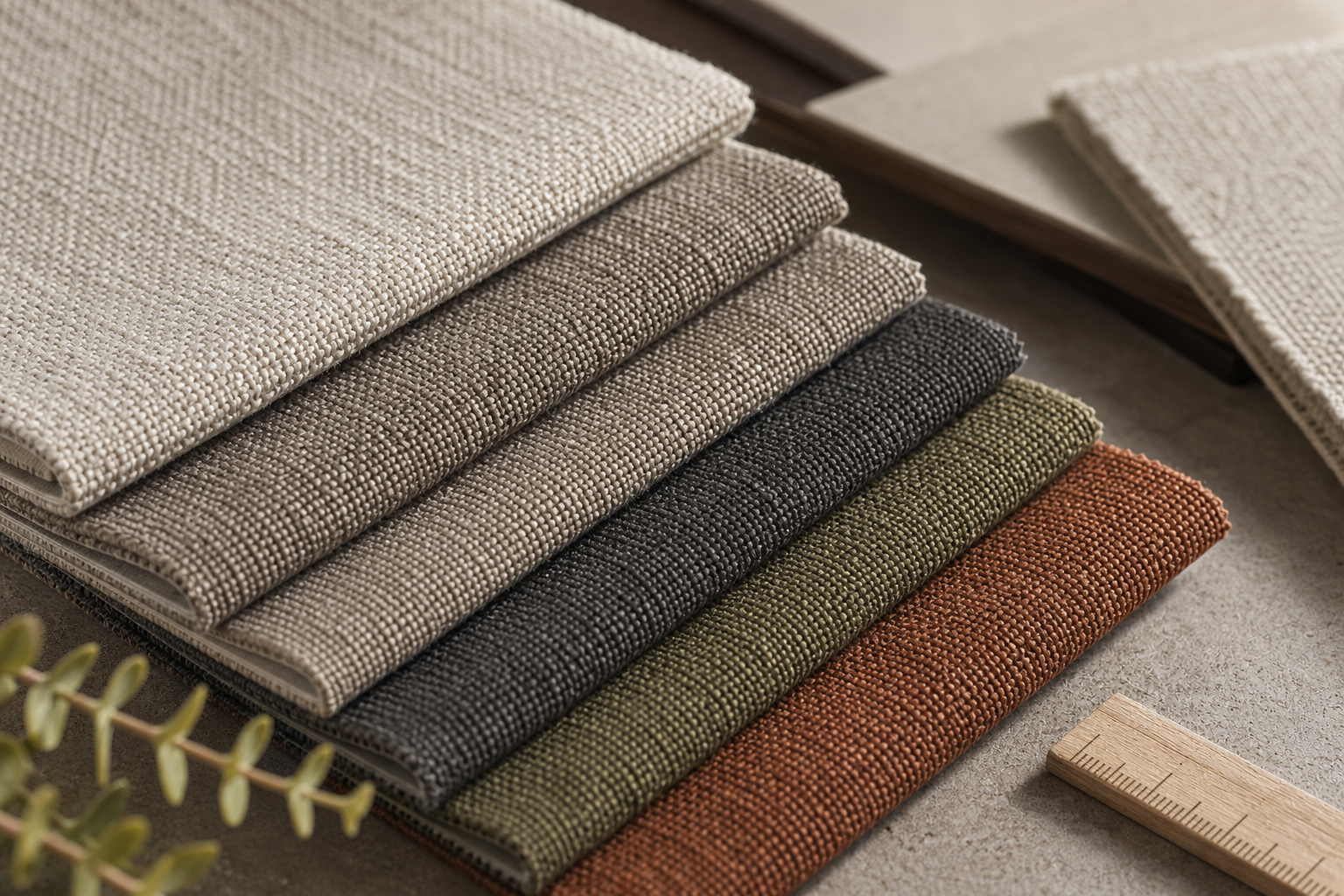 sectional sofa fabric sample swatches showing texture, weave, backing, thickness, and color comparison