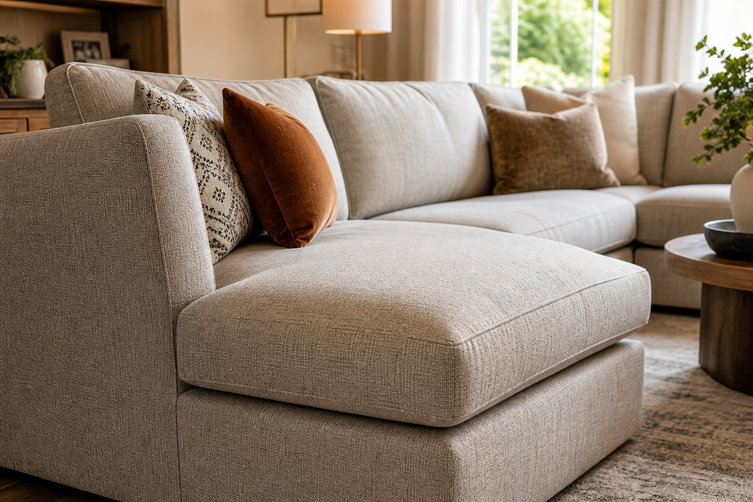 sofa upholstery fabric finished furniture context showing the fabric decision in a real room