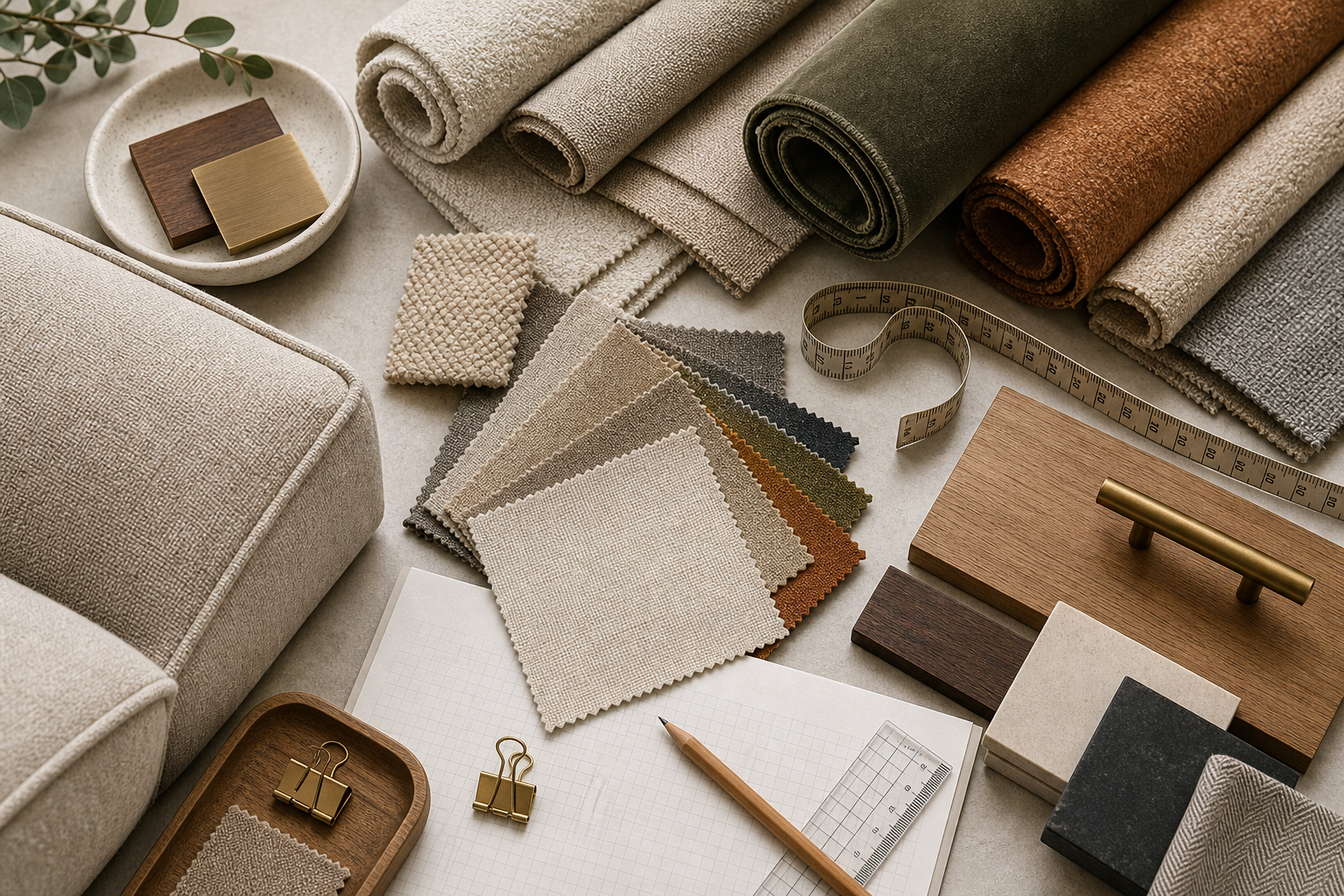 sofa upholstery fabric designer planning flat lay with swatches, finishes, measuring, and yardage cues