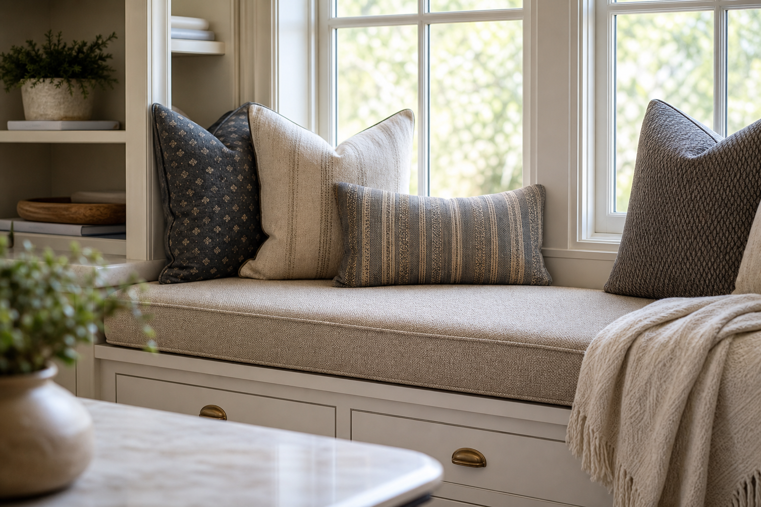 window seat cushion fabric finished furniture context showing the fabric decision in a real room