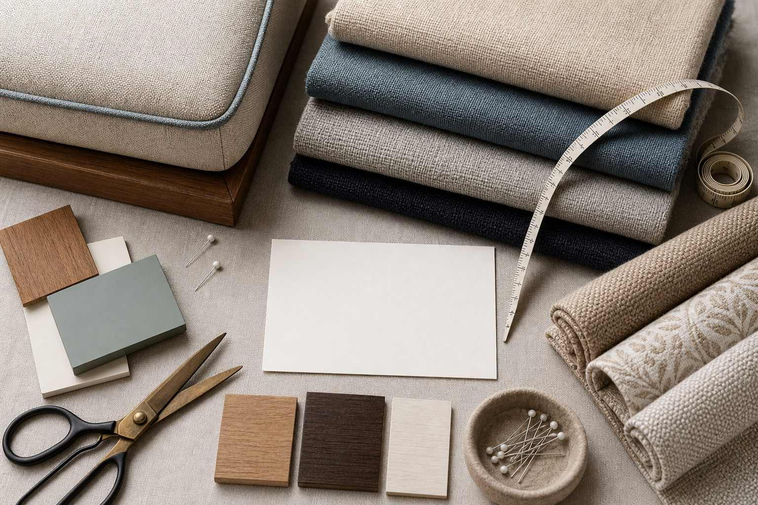 window seat cushion fabric designer planning flat lay with swatches, finishes, measuring, and yardage cues