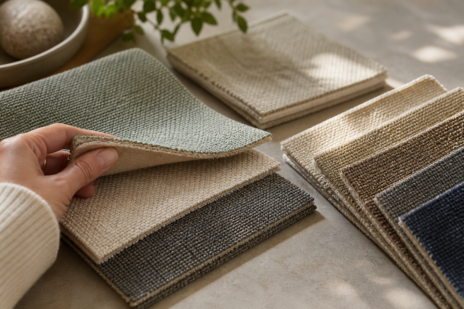 window seat cushion fabric sample swatches showing texture, weave, backing, thickness, and color comparison