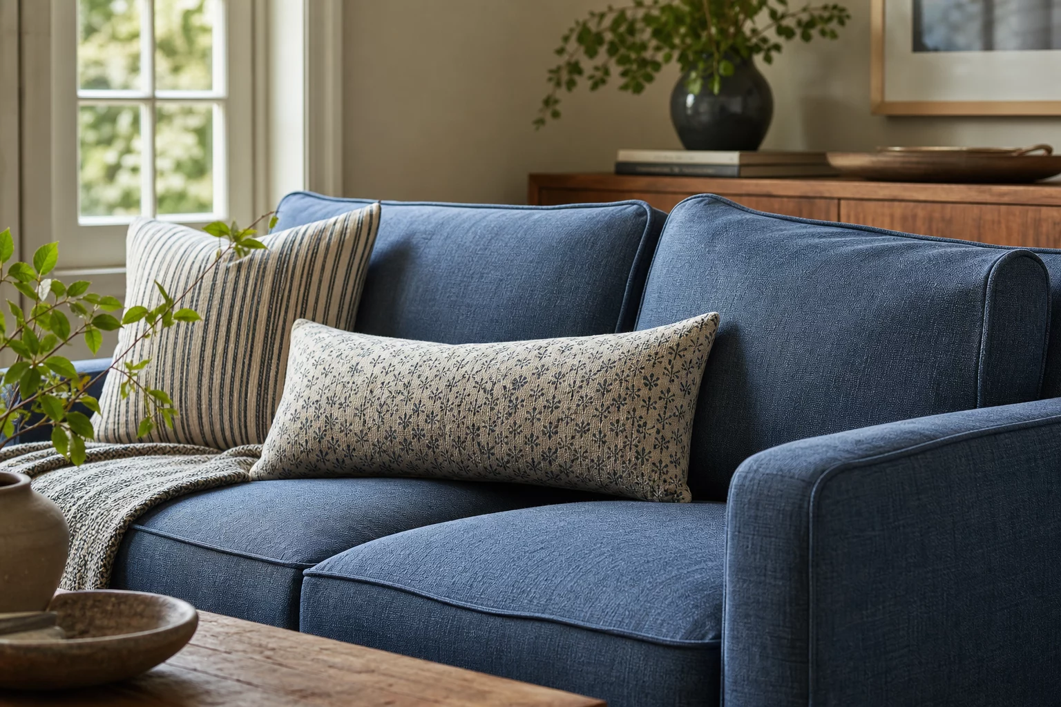 Illustrative furnished room scene showing upholstered seating and natural light for blue upholstery fabric inspiration