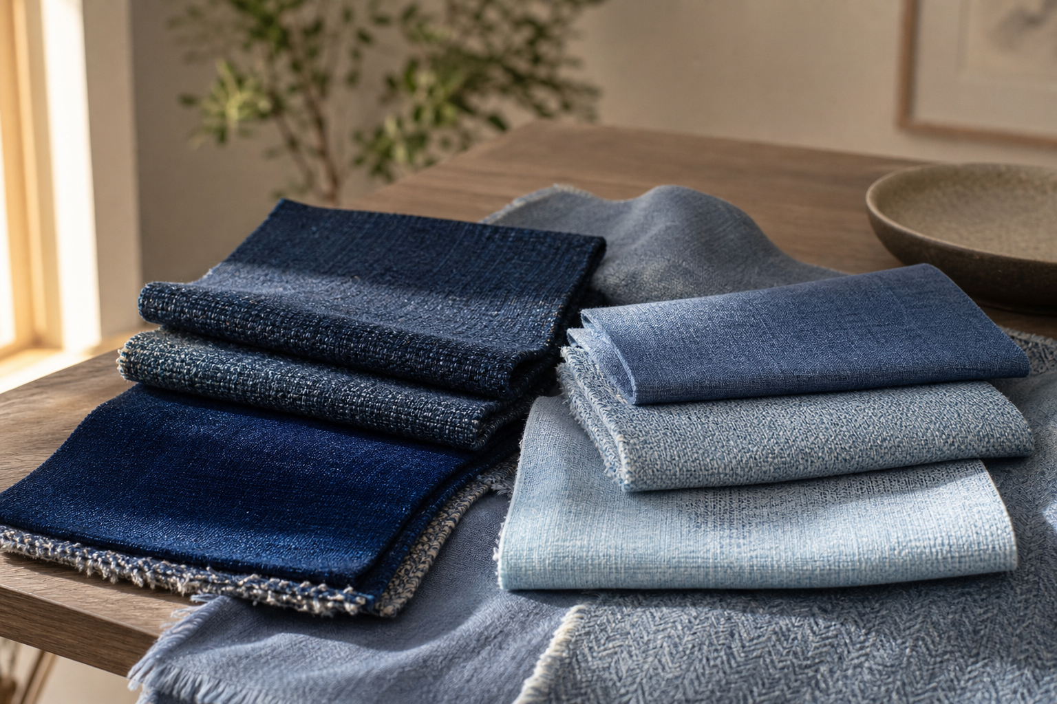 Fabric samples compared in room light for color, texture, hand, and scale