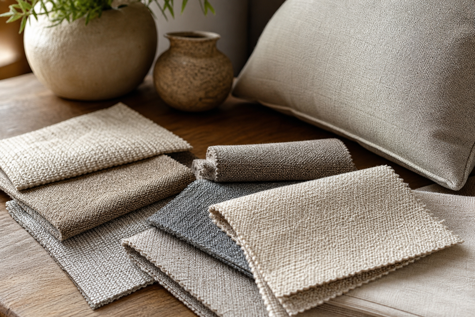 Fabric samples compared in room light for color, texture, hand, and scale