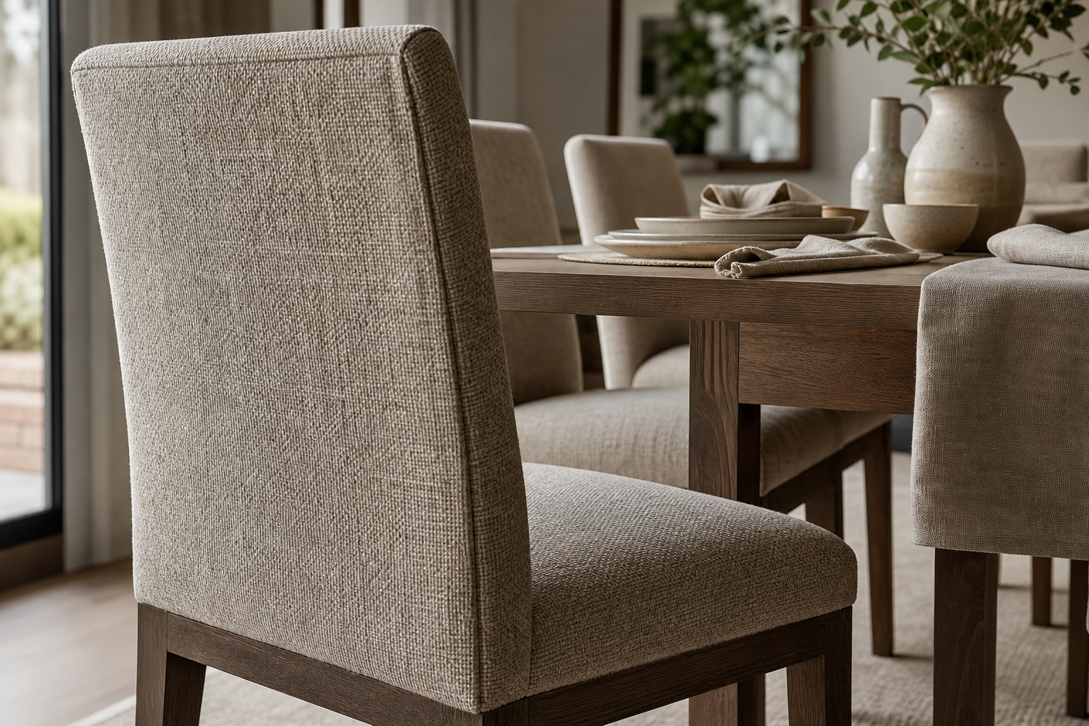 Illustrative furnished room scene showing upholstered seating and natural light for dining chair fabric inspiration