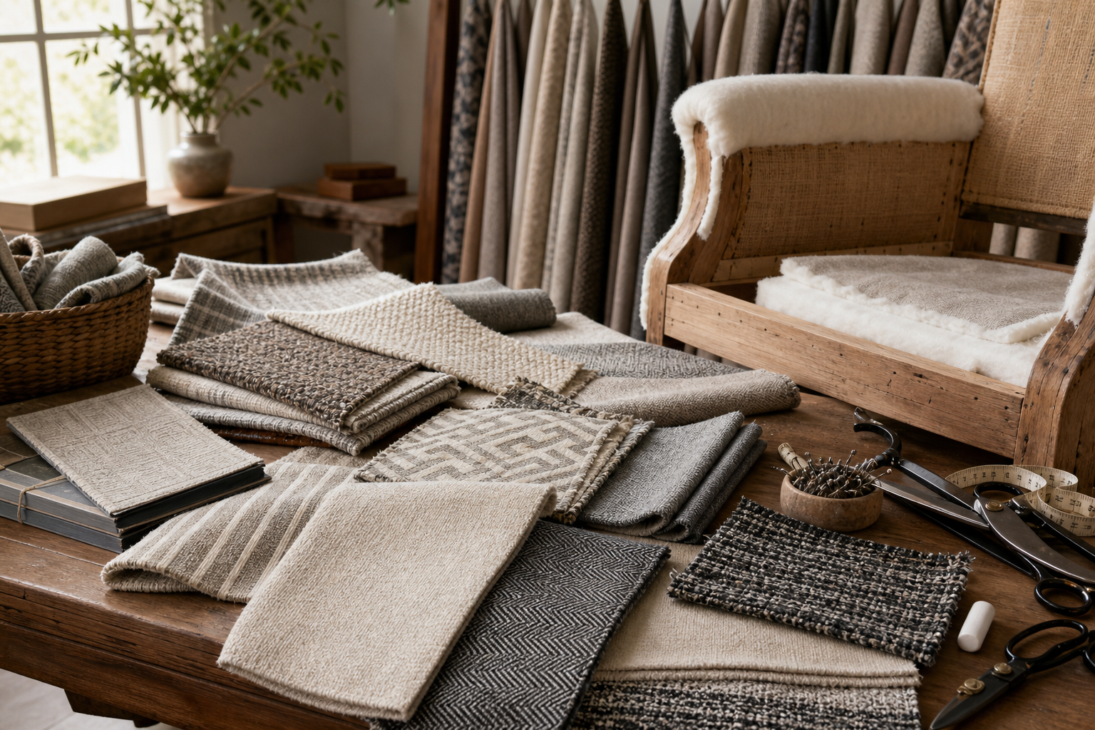 Fabric samples compared in room light for color, texture, hand, and scale