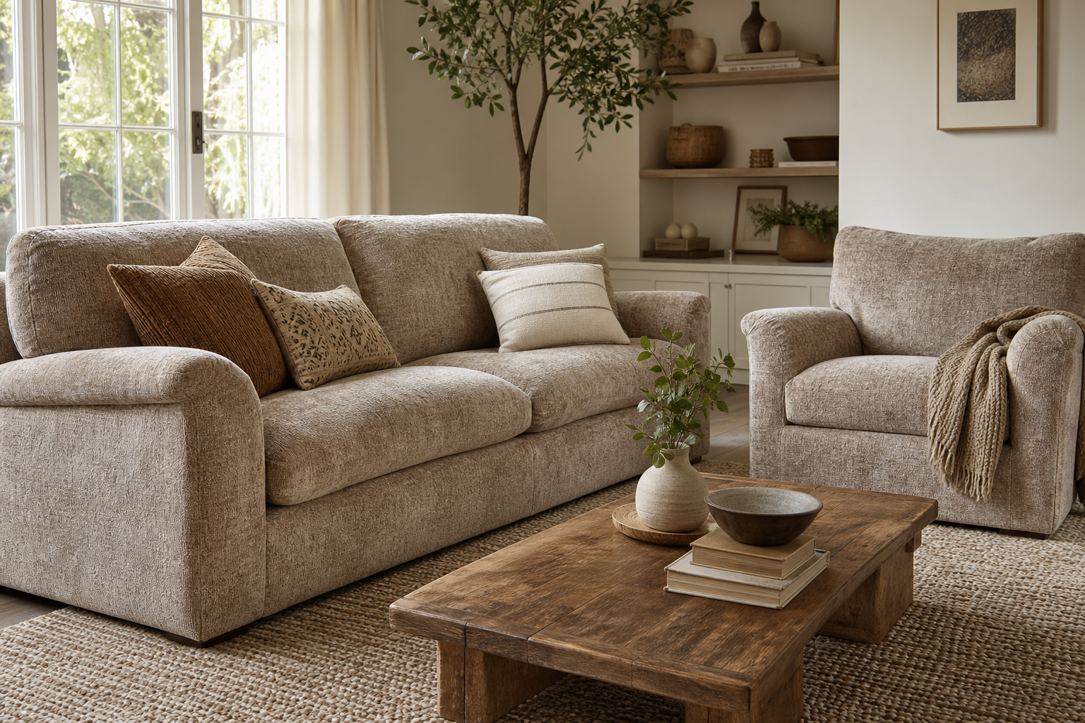 lifestyle room break image for chenille upholstery fabric with soft plush textured seating, visible pile, and sample planning