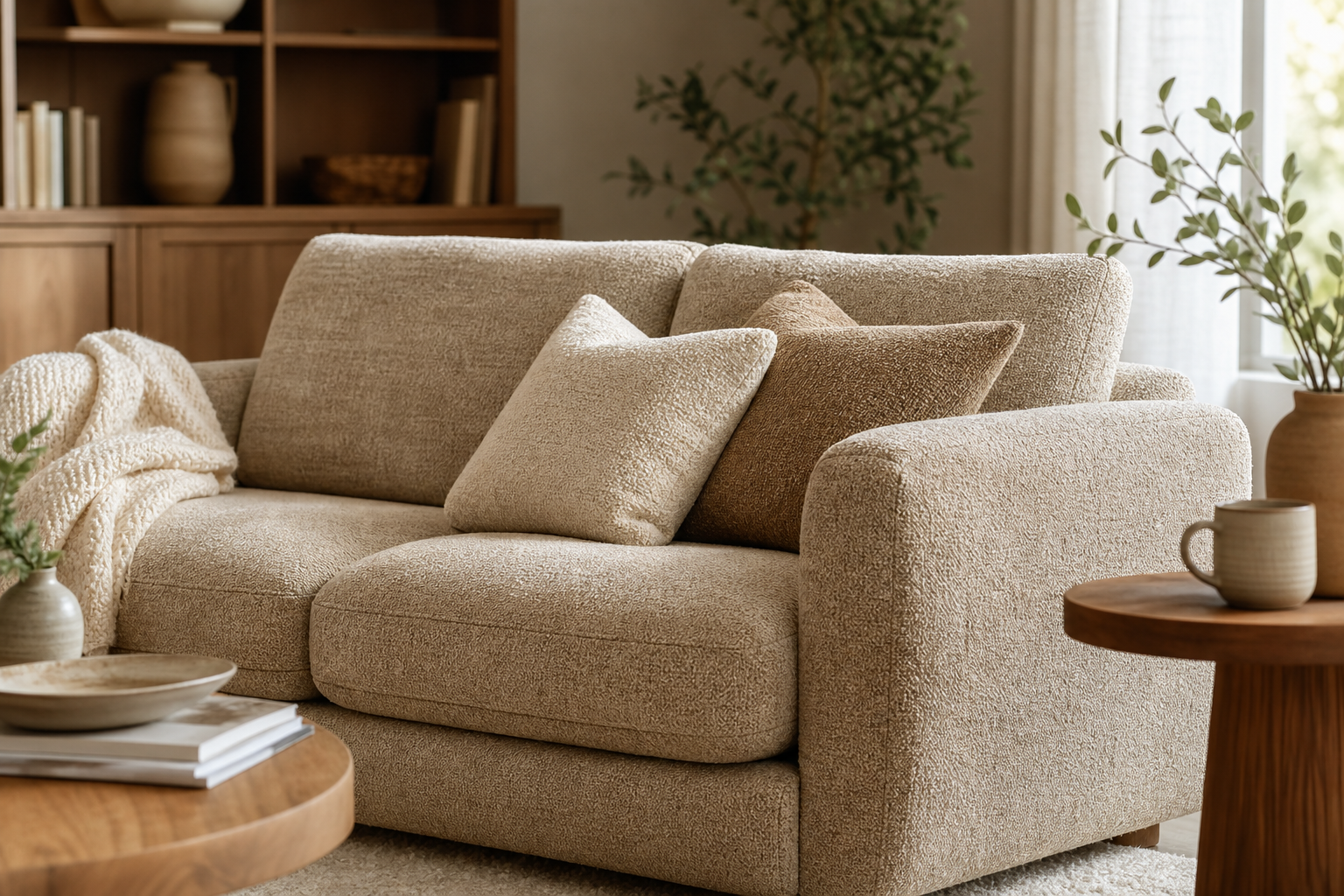 hero lifestyle image for chenille upholstery fabric with soft plush textured seating, visible pile, and sample planning