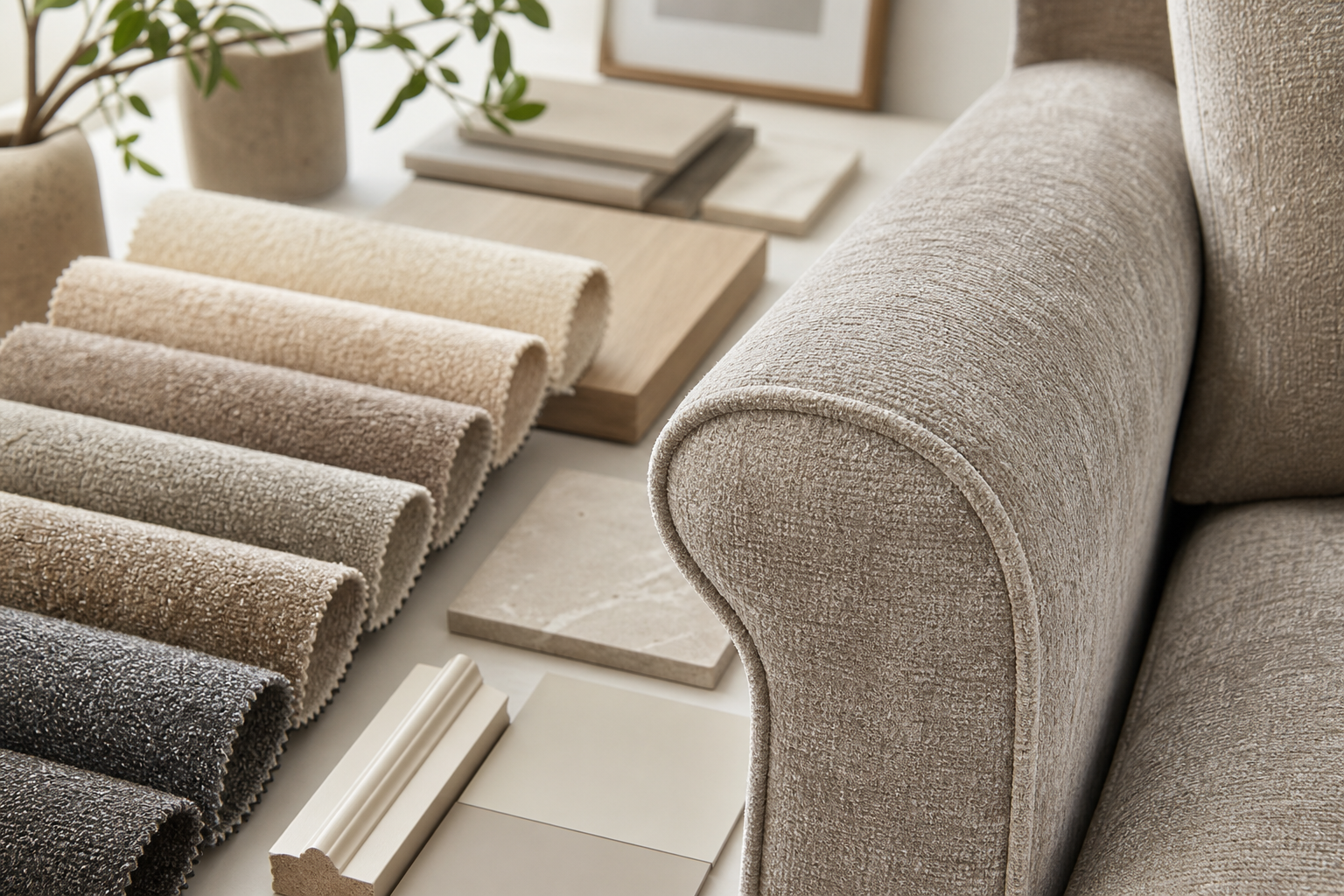 decision planning image for chenille upholstery fabric with soft plush textured seating, visible pile, and sample planning