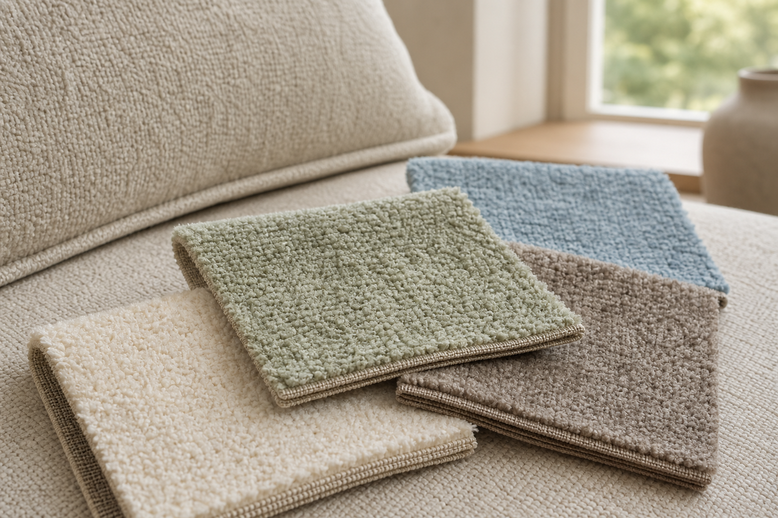 tactile samples image for chenille upholstery fabric with soft plush textured seating, visible pile, and sample planning