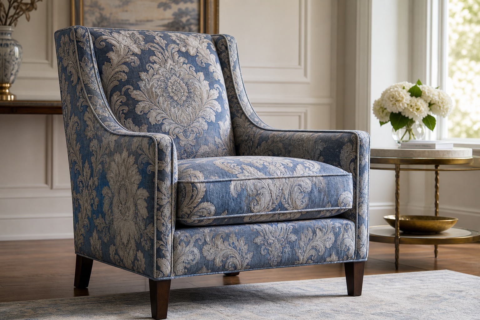 hero lifestyle image for damask upholstery fabric with ornate woven pattern seating and sample planning
