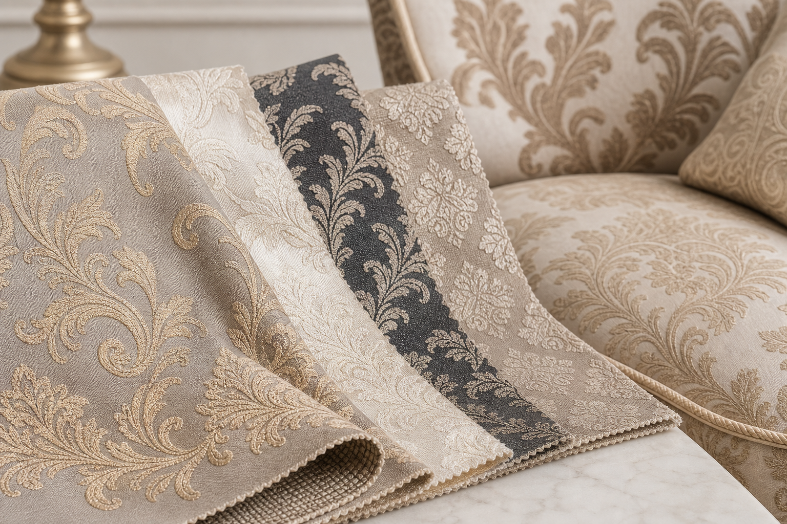 tactile samples image for damask upholstery fabric with ornate woven pattern seating and sample planning