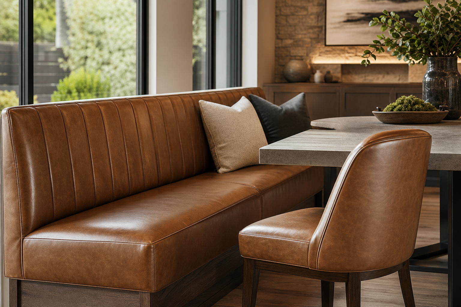 lifestyle room break image for faux leather upholstery fabric with leather-look seating, smooth grain, seams, and sample planning