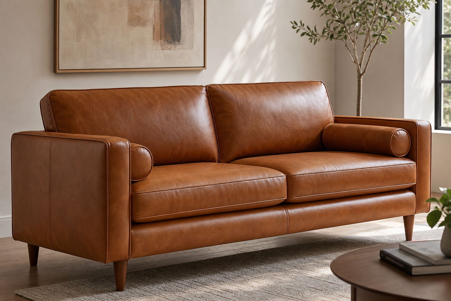 hero lifestyle image for faux leather upholstery fabric with leather-look seating, smooth grain, seams, and sample planning