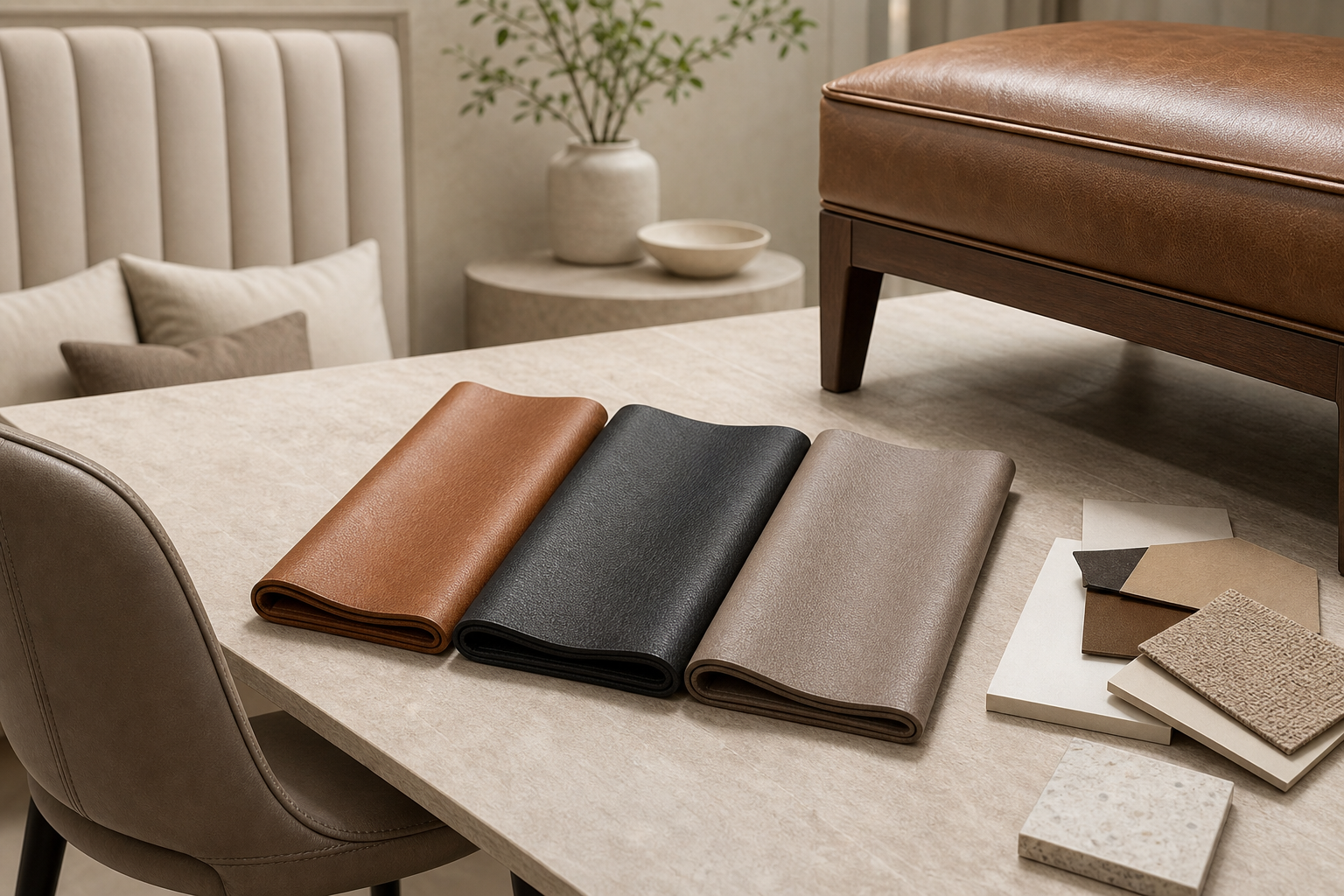 decision planning image for faux leather upholstery fabric with leather-look seating, smooth grain, seams, and sample planning
