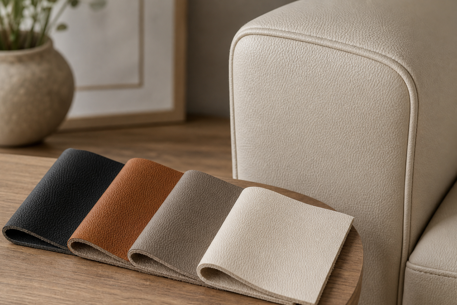 tactile samples image for faux leather upholstery fabric with leather-look seating, smooth grain, seams, and sample planning