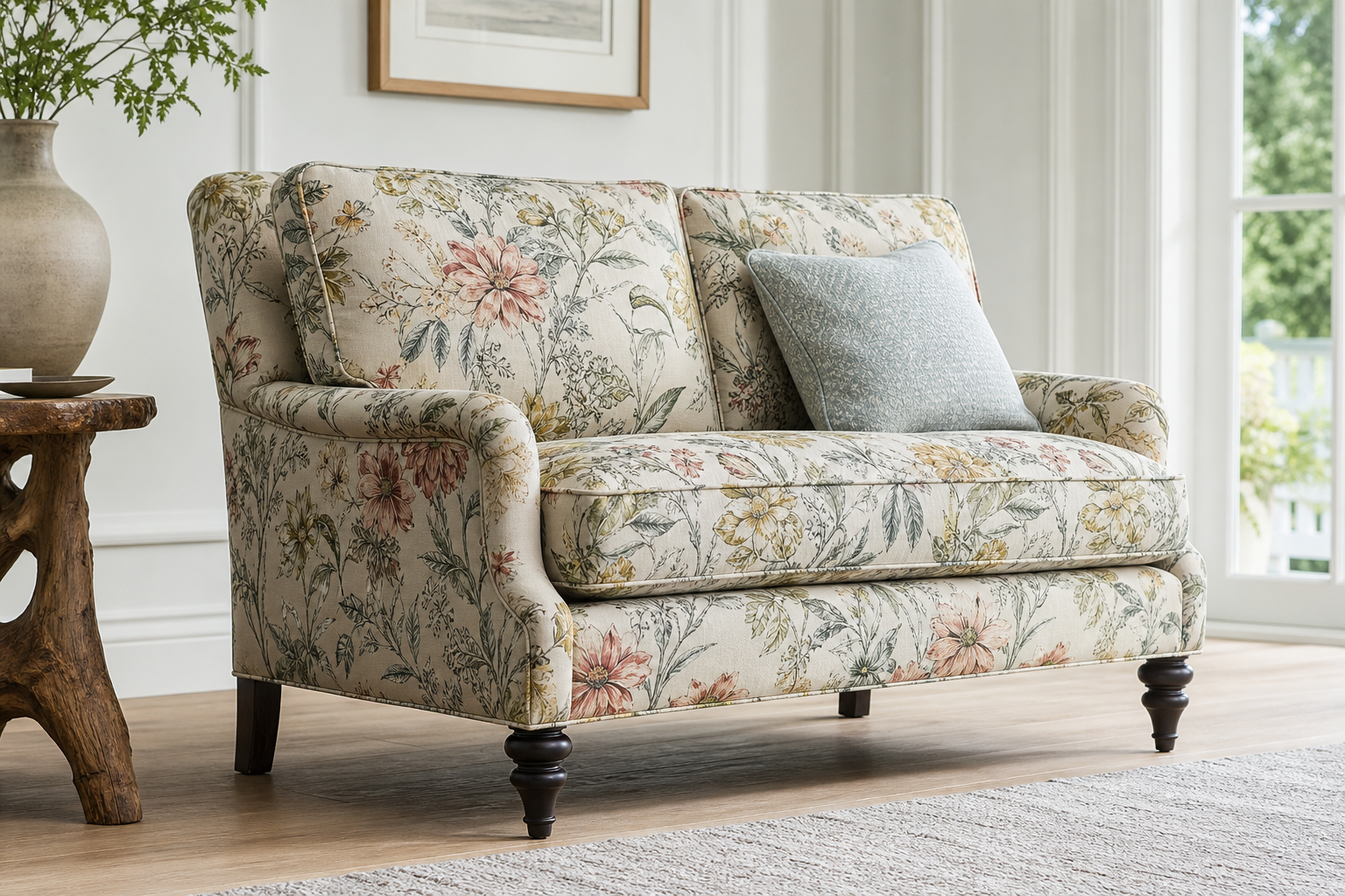 hero lifestyle image for floral upholstery fabric with botanical pattern seating and pattern-scale planning