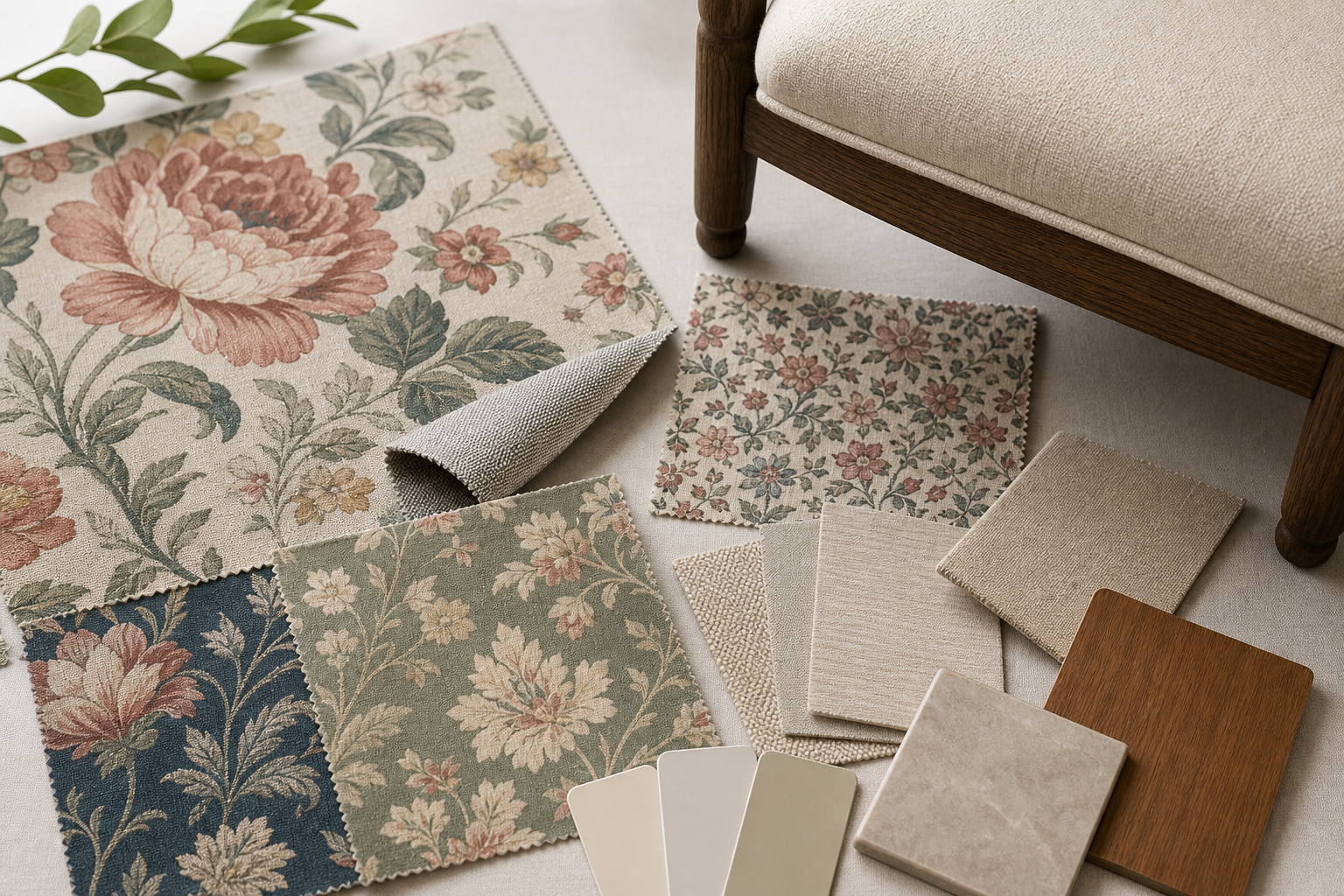 tactile samples image for floral upholstery fabric with botanical pattern seating and pattern-scale planning