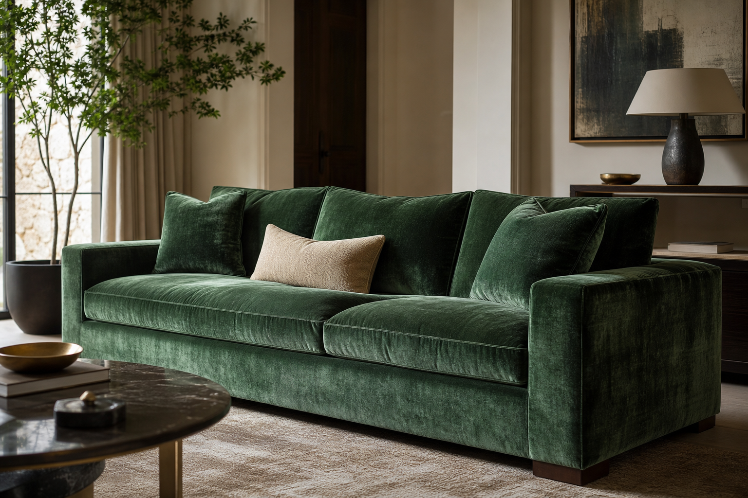 hero lifestyle image for green velvet upholstery fabric with emerald velvet seating, plush nap, and sample planning