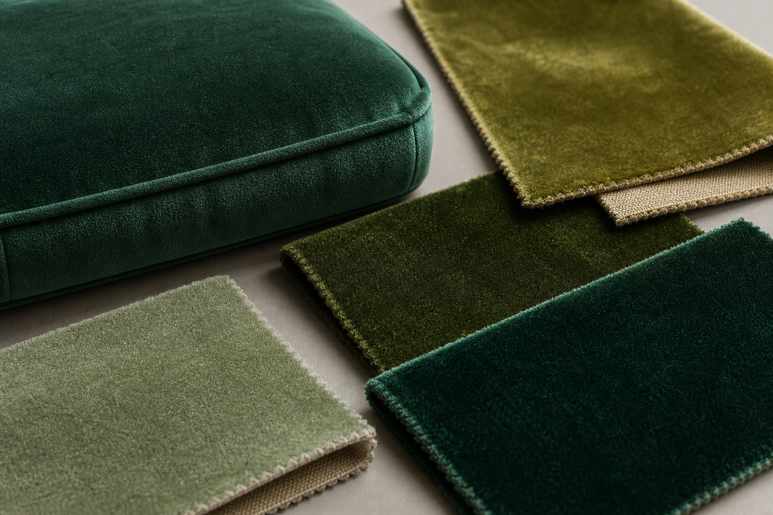 tactile samples image for green velvet upholstery fabric with emerald velvet seating, plush nap, and sample planning