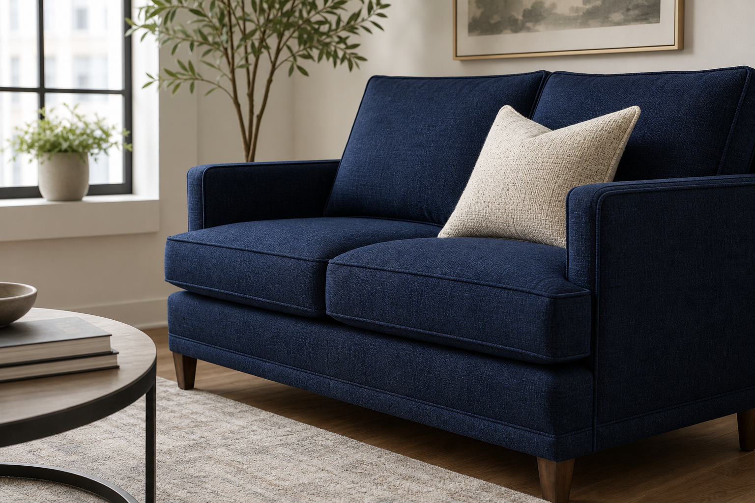hero lifestyle image for navy blue upholstery fabric with deep blue seating, visible weave, and sample planning