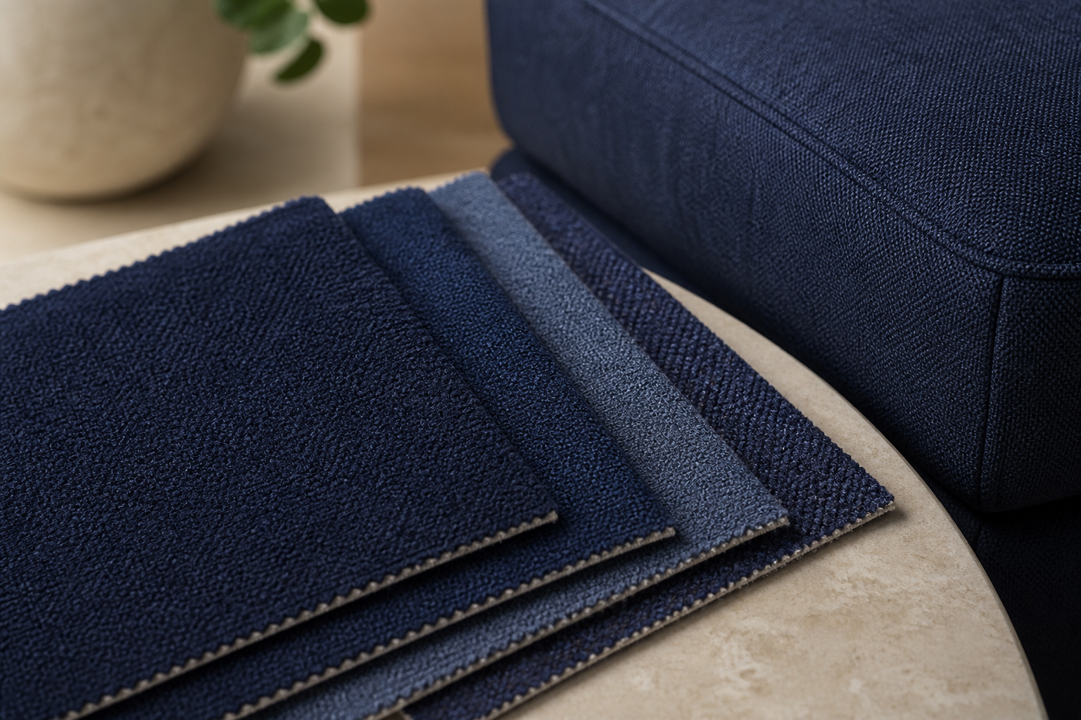 tactile samples image for navy blue upholstery fabric with deep blue seating, visible weave, and sample planning