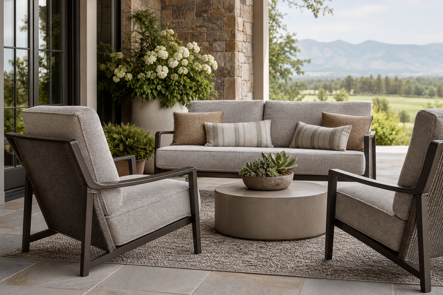 hero lifestyle image for outdoor upholstery fabric with patio cushions, weather-friendly texture, and sample planning