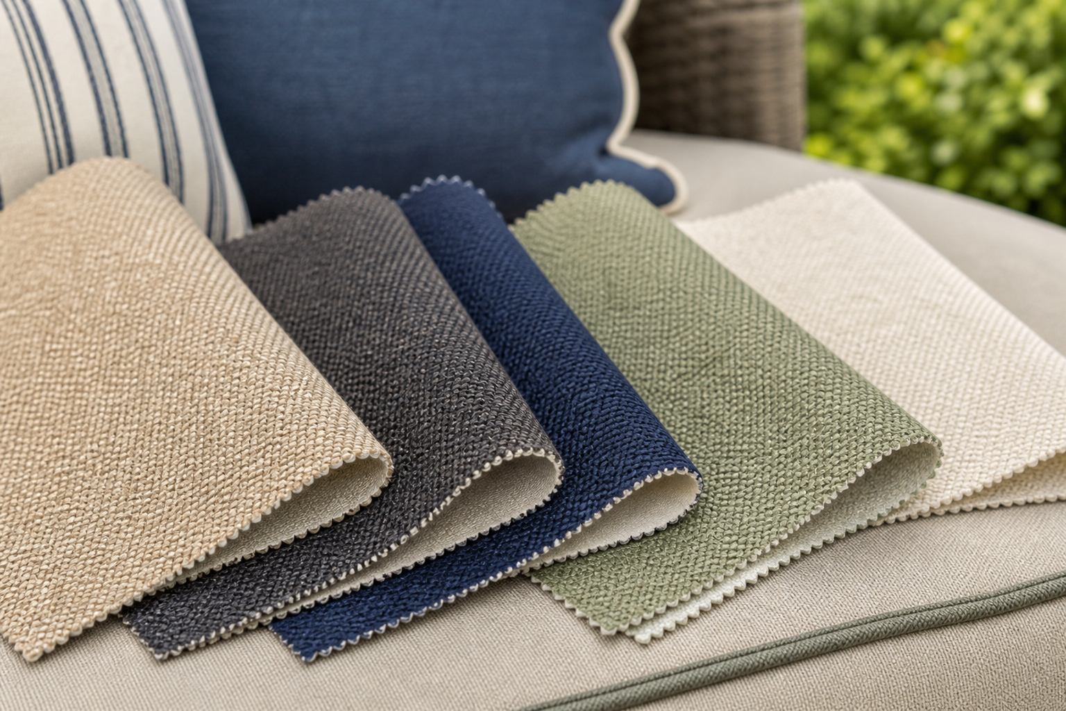 tactile samples image for outdoor upholstery fabric with patio cushions, weather-friendly texture, and sample planning