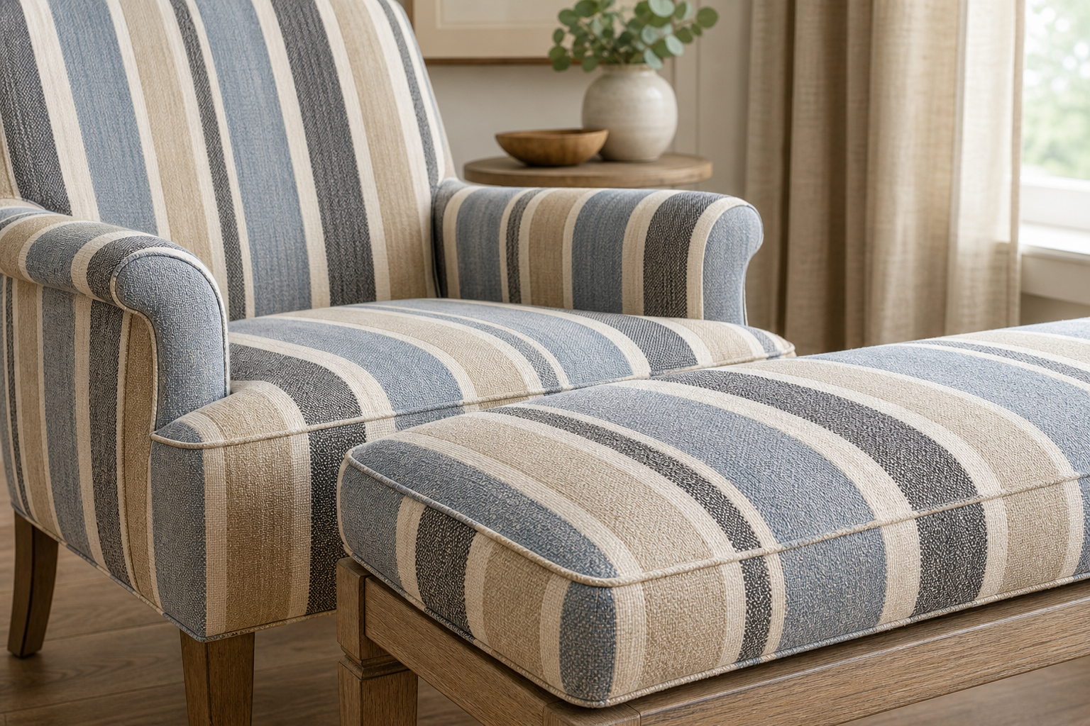 hero lifestyle image for striped upholstery fabric with stripe-pattern furniture, seam alignment, and sample planning