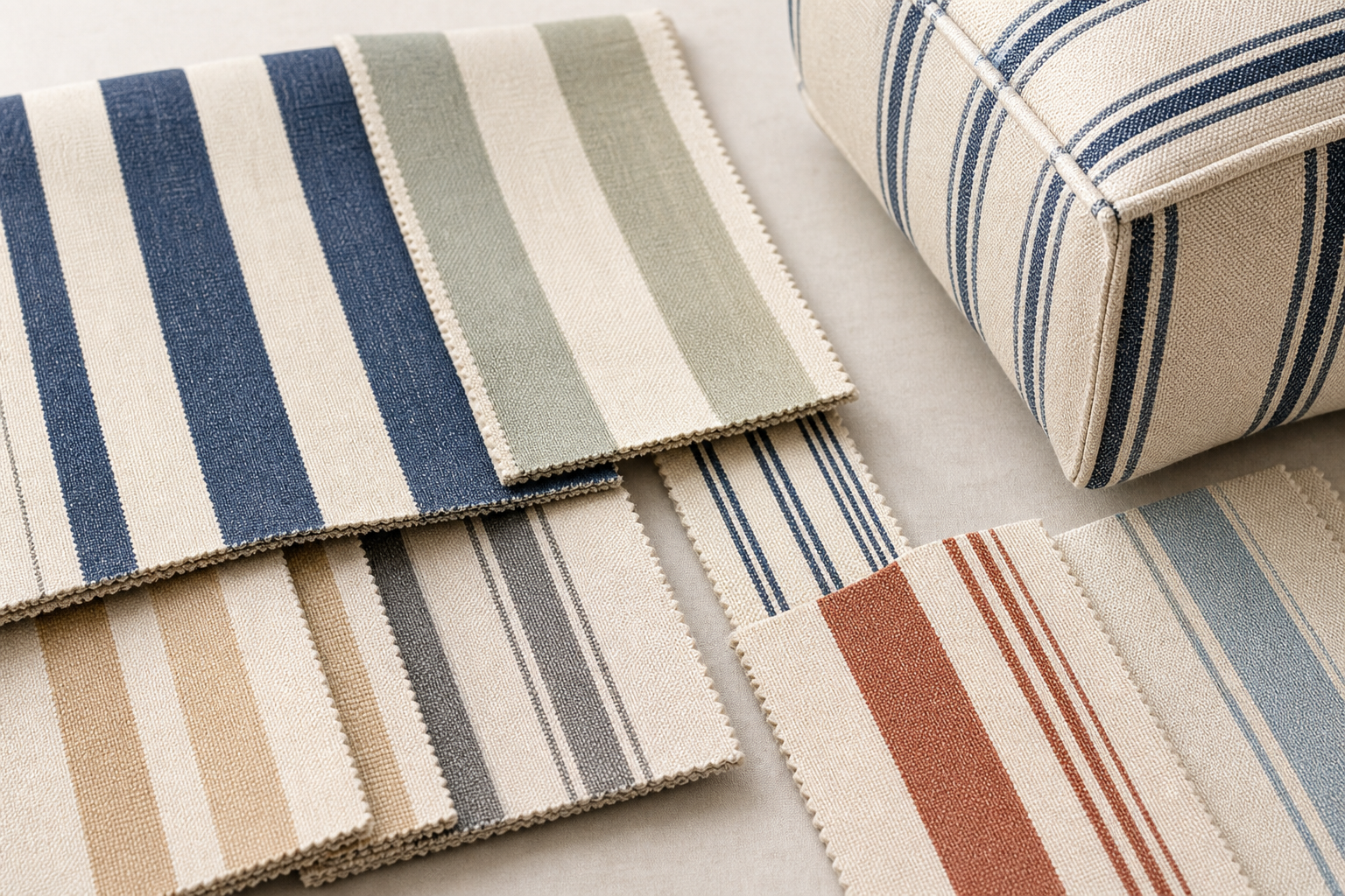 tactile samples image for striped upholstery fabric with stripe-pattern furniture, seam alignment, and sample planning