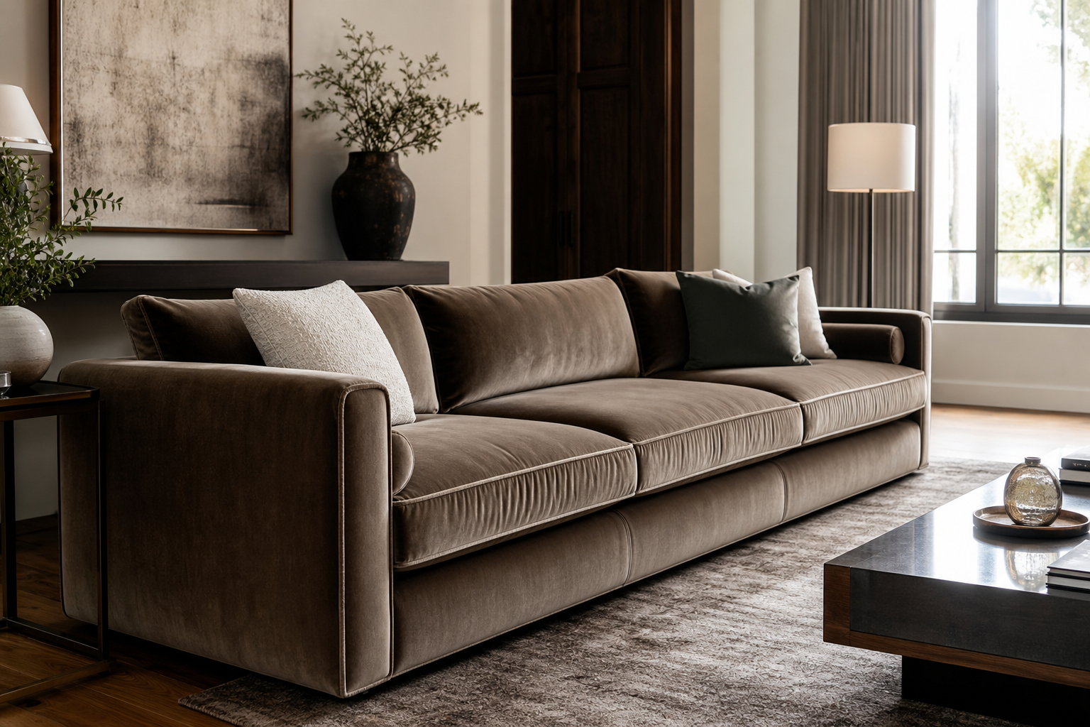 hero lifestyle image for velvet upholstery fabric with plush seating, soft nap, pile, and sample planning