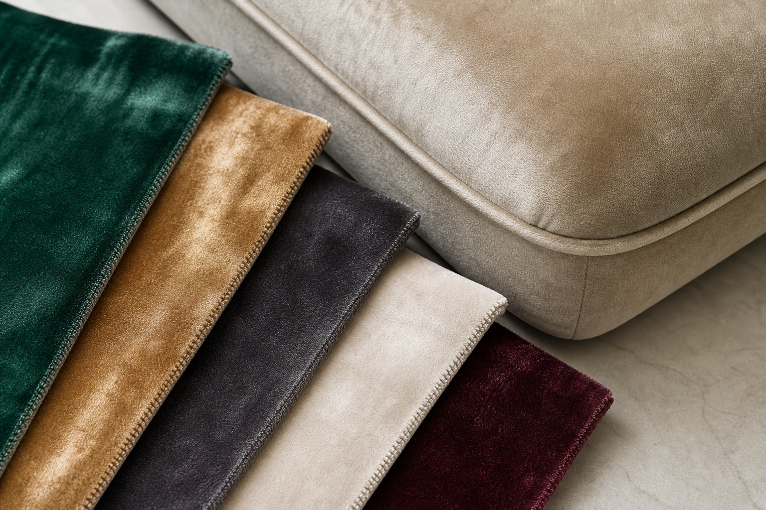 tactile samples image for velvet upholstery fabric with plush seating, soft nap, pile, and sample planning