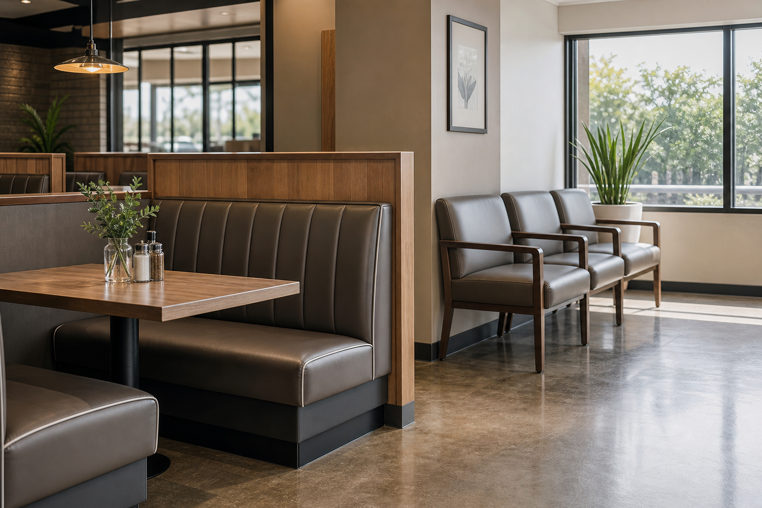 lifestyle room break image for vinyl upholstery fabric with durable easy-clean seating, smooth grain, seams, and sample planning