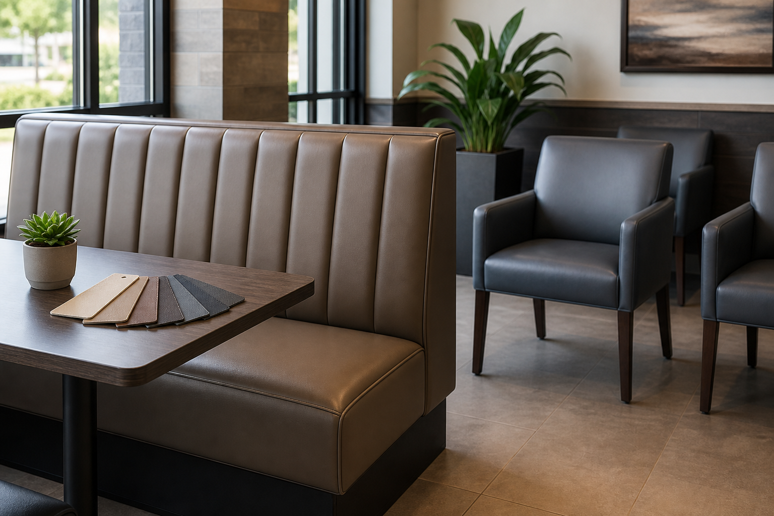 hero lifestyle image for vinyl upholstery fabric with durable easy-clean seating, smooth grain, seams, and sample planning
