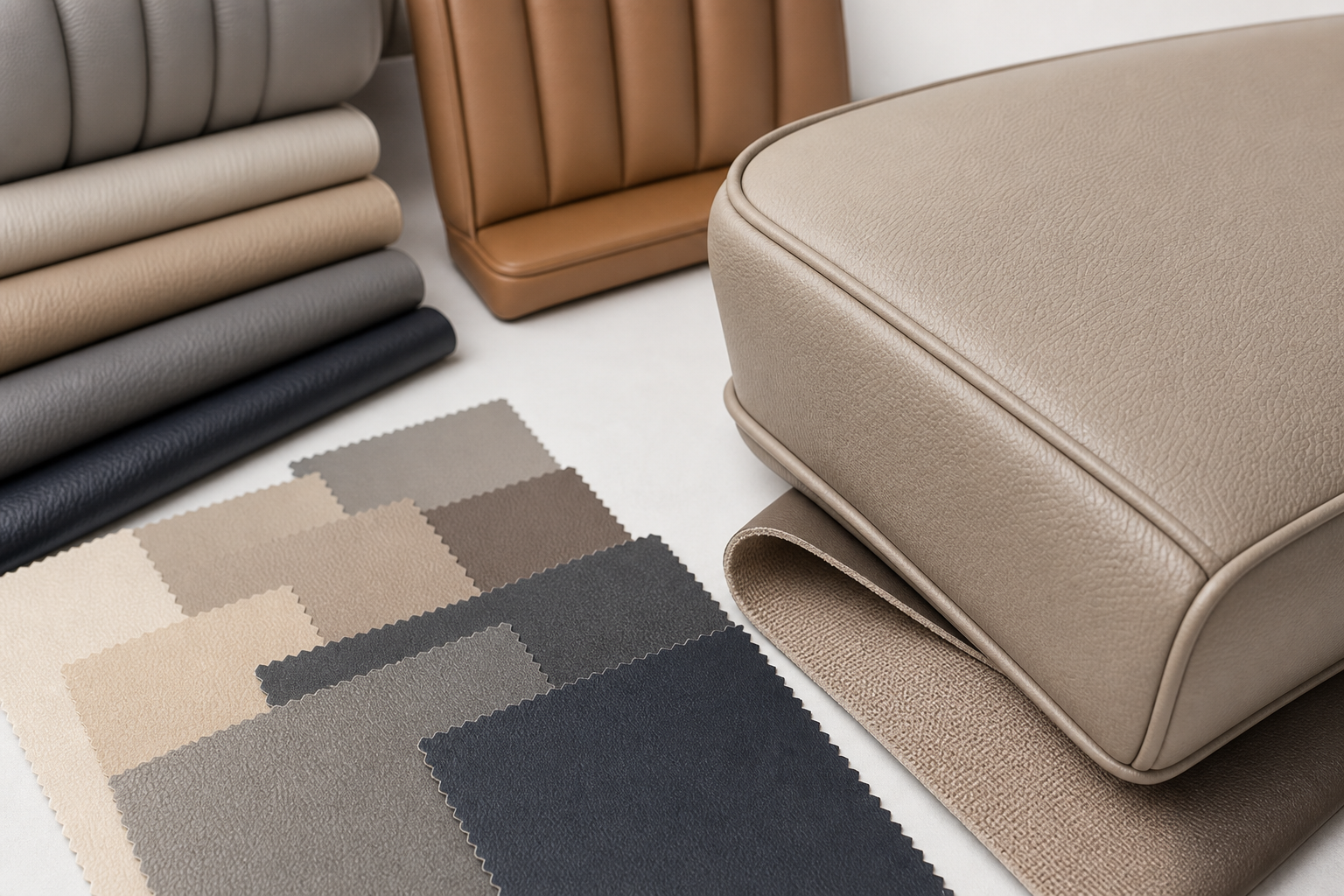 decision planning image for vinyl upholstery fabric with durable easy-clean seating, smooth grain, seams, and sample planning