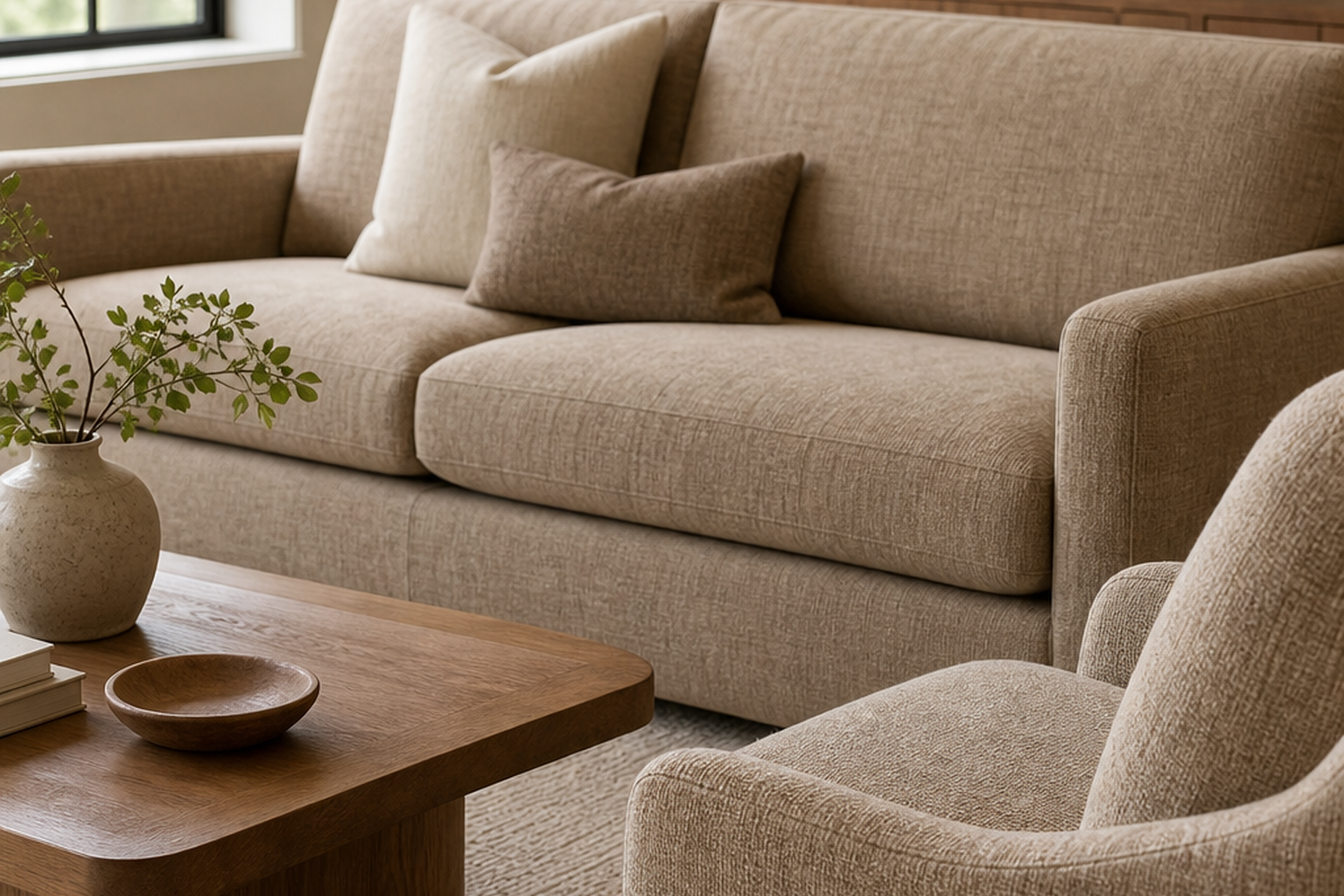 Beige and taupe upholstery fabric shown in a finished interior so shoppers can judge room context, color, texture, and scale