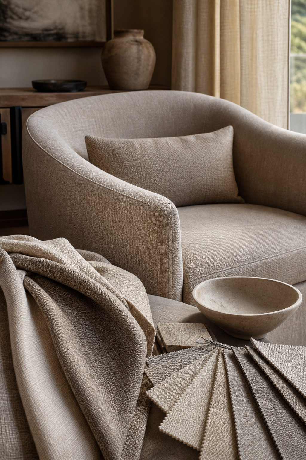 Beige Taupe Upholstery Fabric samples with upholstery furniture context for choosing fabric yardage