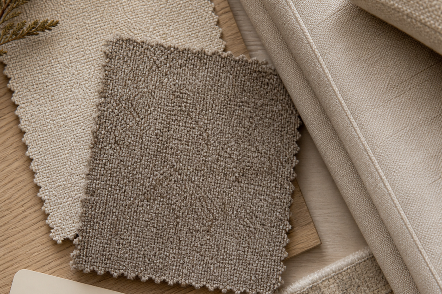 Beige and taupe upholstery fabric flat-lay comparison with finishes and cushion details for choosing the right sample before yardage