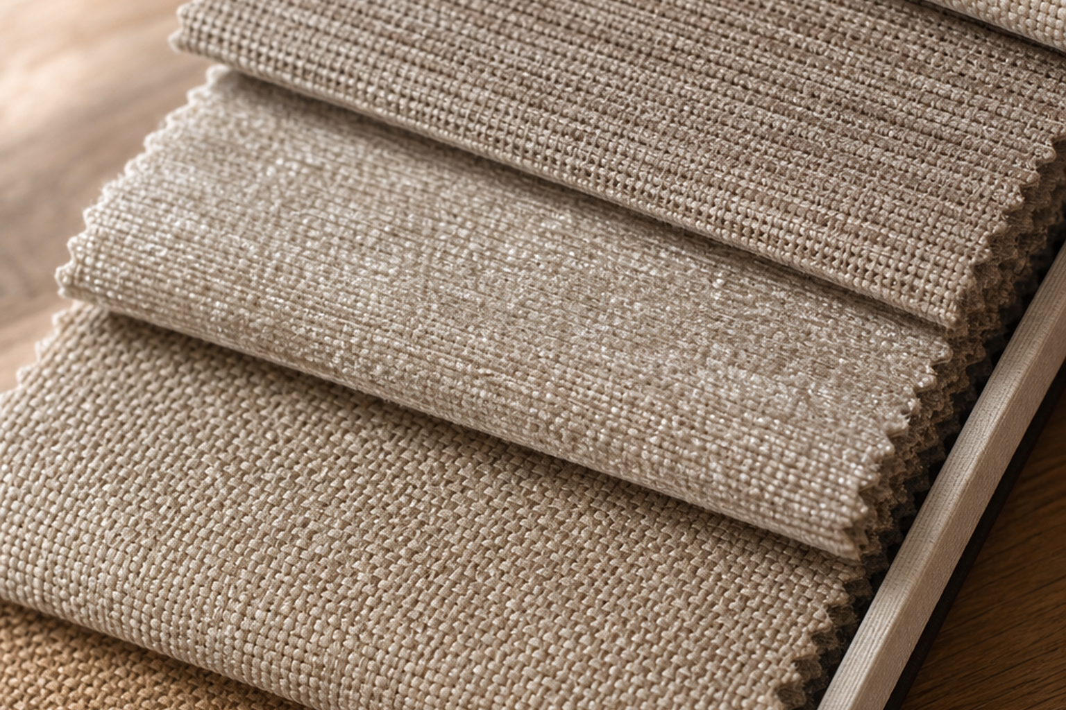 Beige and taupe upholstery fabric swatches in beige, taupe, greige, camel, and sand for sample-first texture, color, and yardage planning