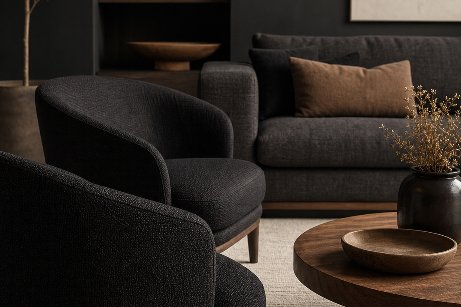 Black upholstery fabric shown in a finished interior so shoppers can judge room context, color, texture, and scale