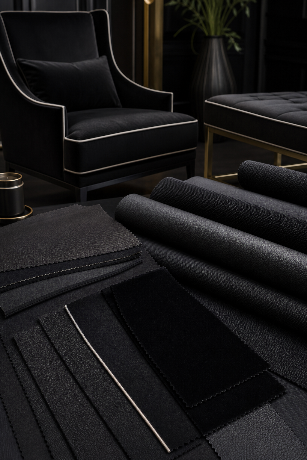 Black Upholstery Fabric samples with upholstery furniture context for choosing fabric yardage