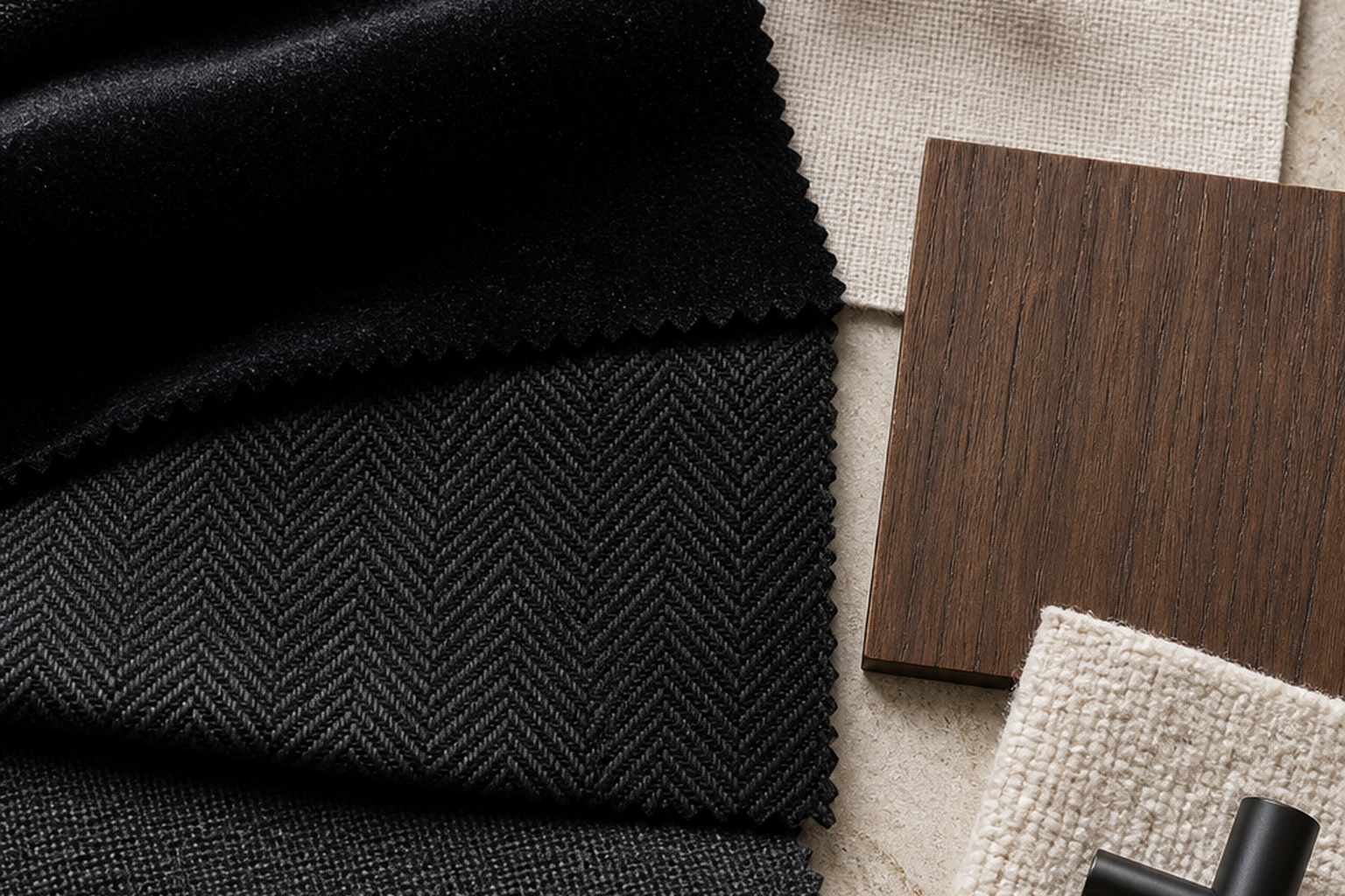 Black upholstery fabric flat-lay comparison with finishes and cushion details for choosing the right sample before yardage