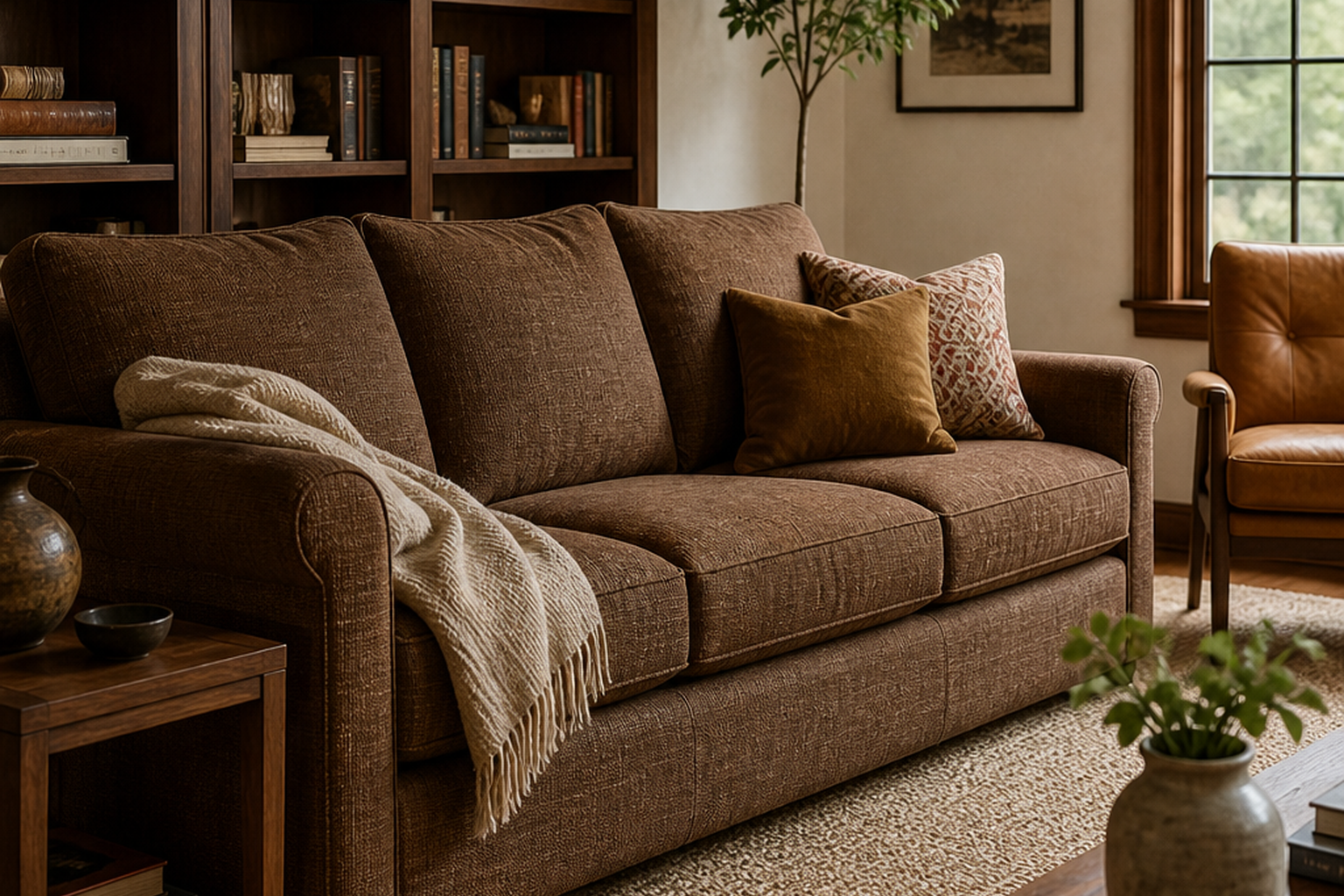 Brown upholstery fabric shown in a finished interior so shoppers can judge room context, color, texture, and scale