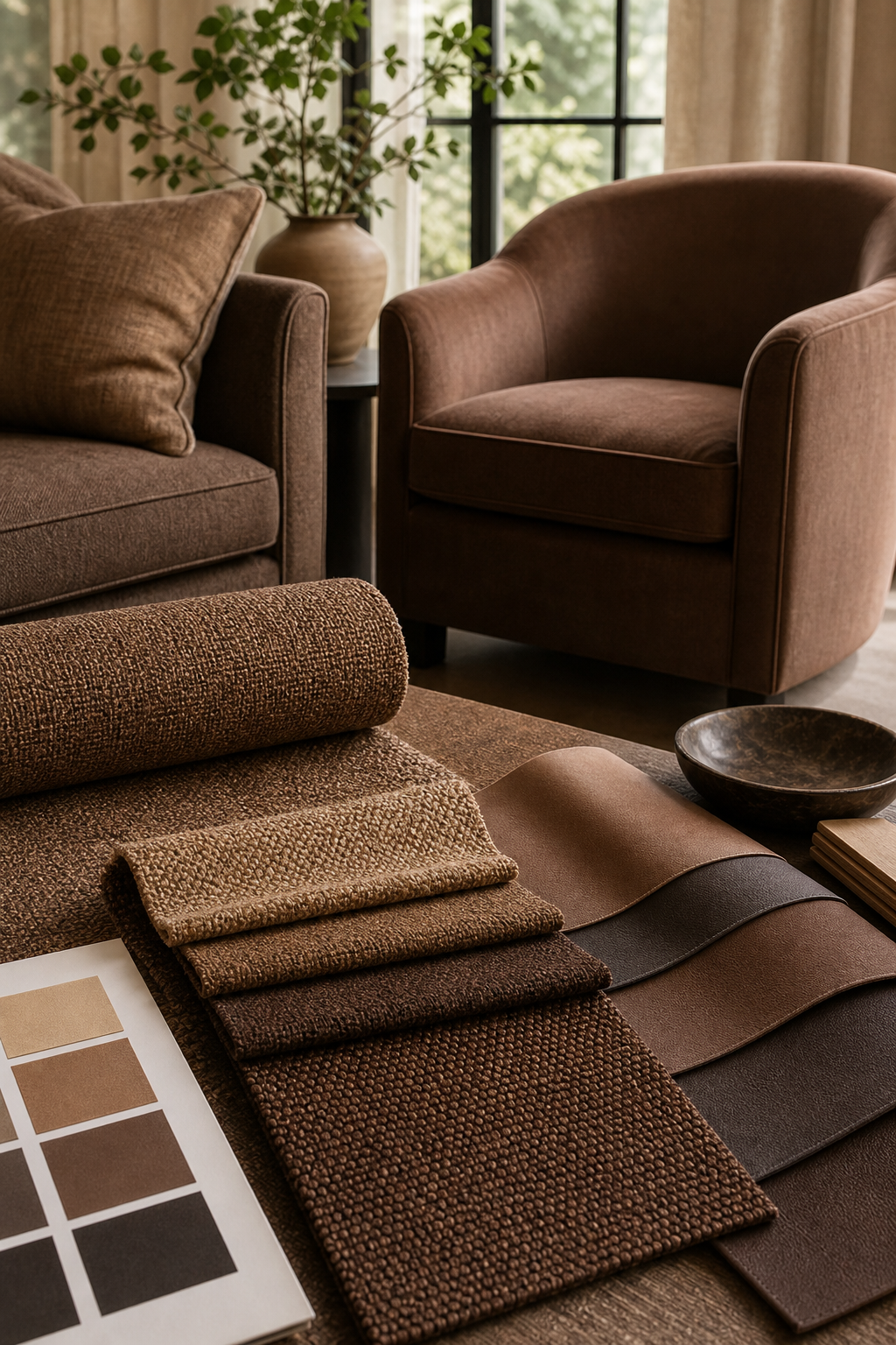 Brown Upholstery Fabric samples with upholstery furniture context for choosing fabric yardage