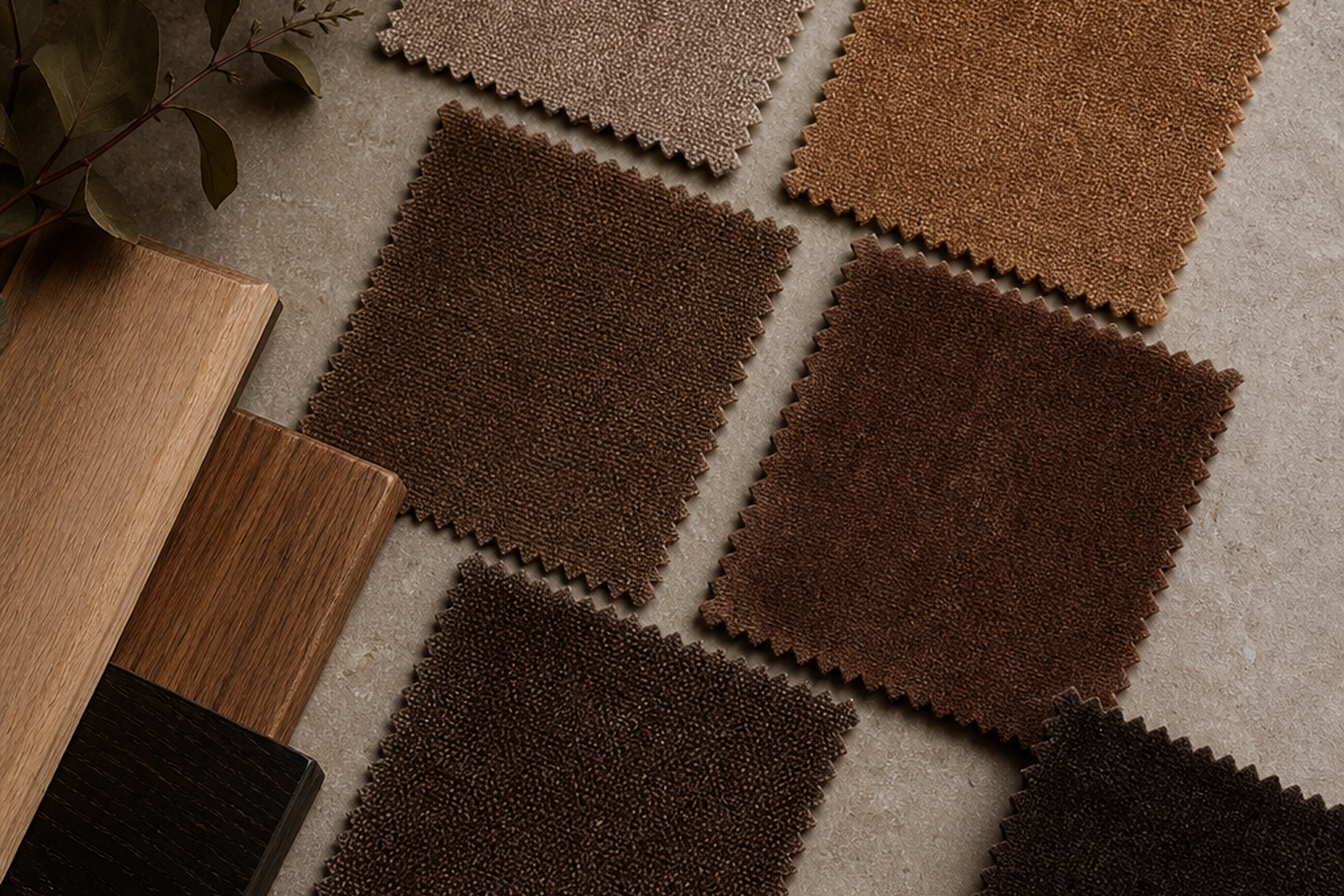 Brown upholstery fabric flat-lay comparison with finishes and cushion details for choosing the right sample before yardage
