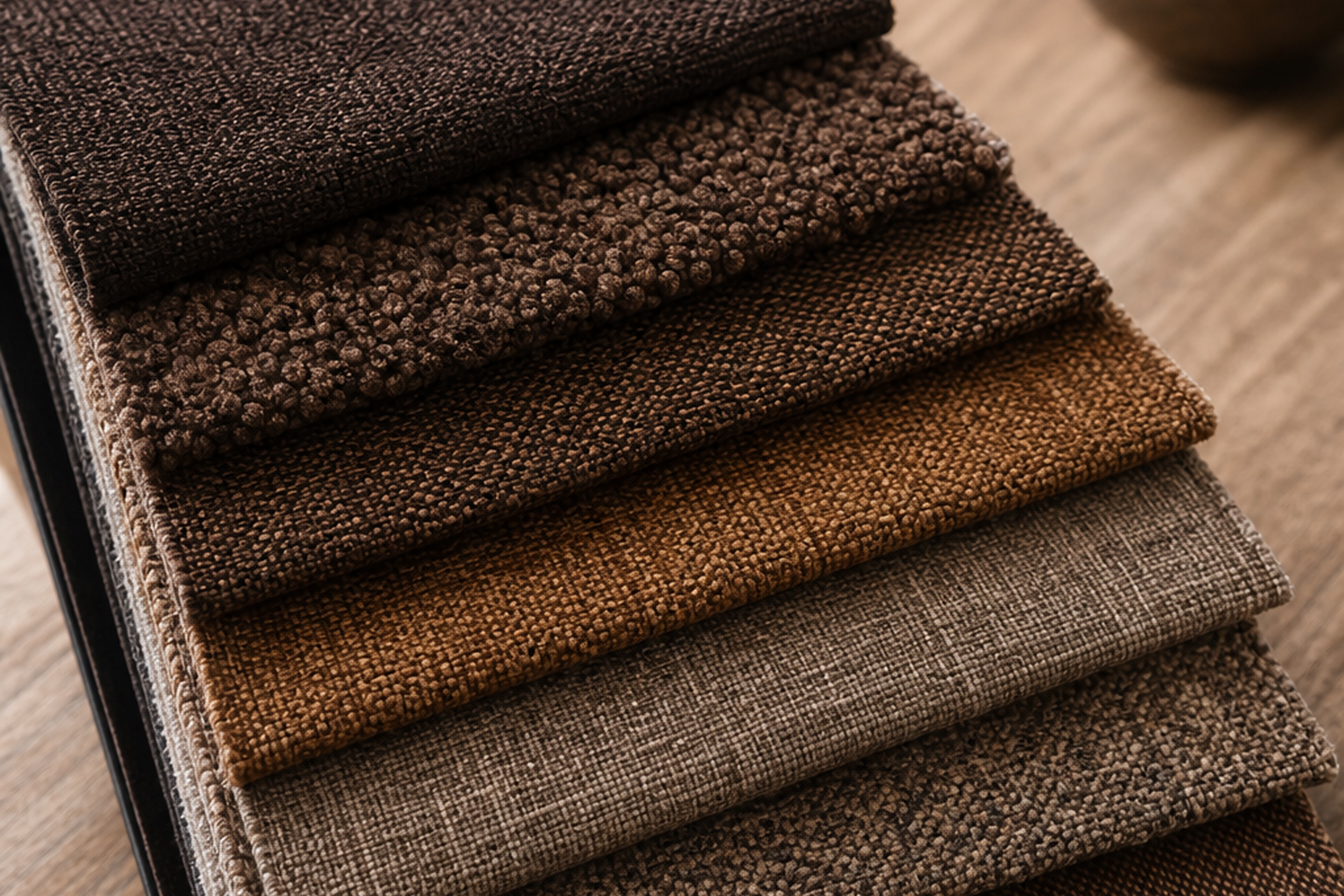 Brown upholstery fabric swatches in chocolate, espresso, walnut, cognac, and mocha for sample-first texture, color, and yardage planning