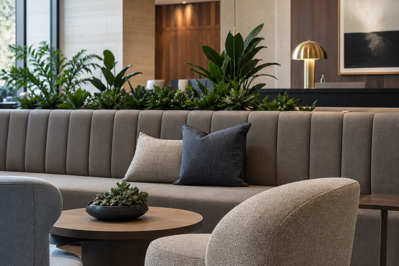 Commercial upholstery fabric shown in a finished interior so shoppers can judge room context, color, texture, and scale
